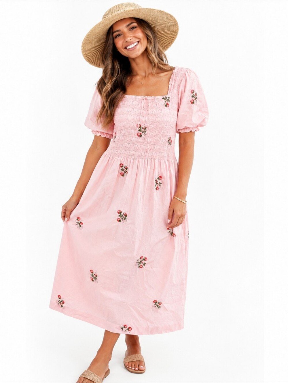 Japna Pink Strawberry Embroidered Smocked Puff Sleeve Midi Dress